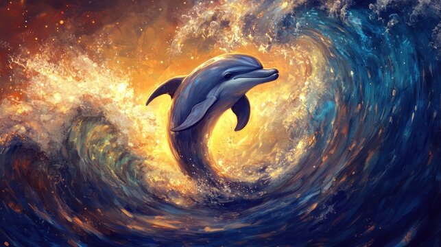 Dolphin leaping through vibrant, celestial waves