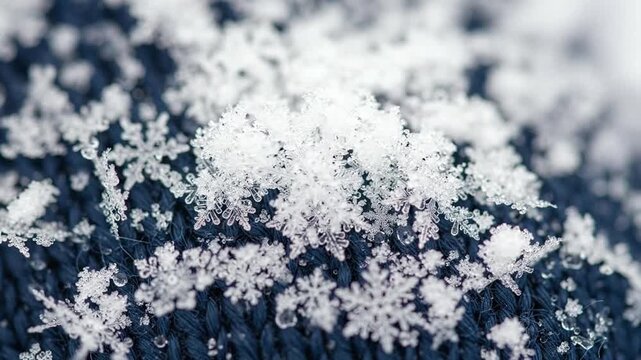 Macro Slow Motion of Snowflakes Landing on Blue Knitted Fabric for Winter Holiday Feeling
