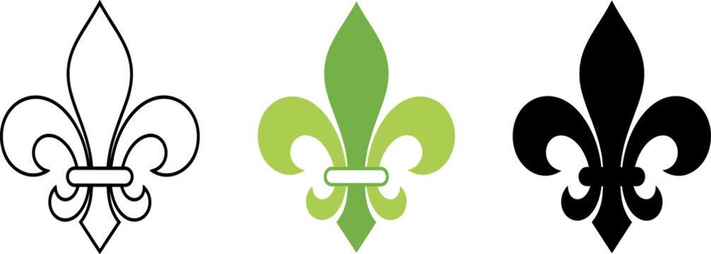 Fleur-de-lis Icon Set (Green Color) - Outline, Full Color and Black Silhouette - Traditional Symbol Vector