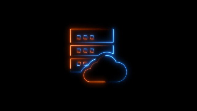 Blue and orange neon outline of stacked servers and cloud icon on black background data storage
