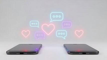 Digital communication concept with two smartphones exchanging neon glowing hearts and chat bubbles in a modern, minimalist setting