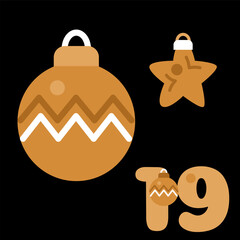 Gold and black boho advent calendar illustration in flat vector style with Christmas and New Year tree toys