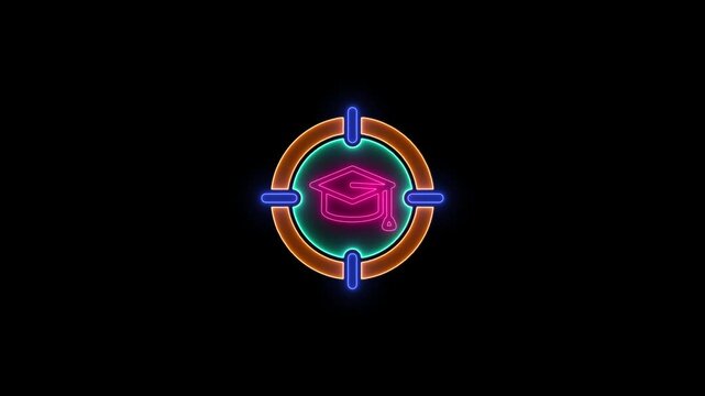 Neon graduation cap icon within a targeting reticle on a black background education mortarboard