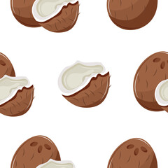 pattern with tropical fruits, namely whole and half coconuts, for textiles, packaging and digital design