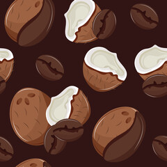 seamless pattern with whole and half-opened coconuts with coffee beans next to them on a brown background