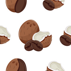 pattern with ripe exotic coconuts in whole and half-open form with coffee beans next to them, for textile, packaging and digital design