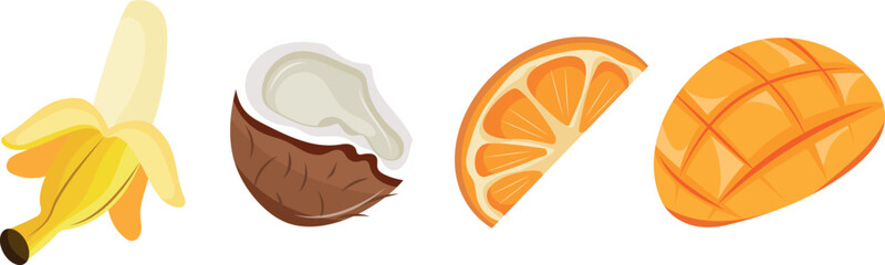 set of icons with exotic fruits, namely halves of banana, orange, coconut and mango, for menus, mobile applications, packaging and infographics