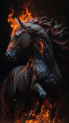 Year of Fire Horse 2026, Chinese Zodiac. Fiery black stallion rearing in flames. Dark mythical horse wreathed in fire. Dramatic burning horse fantasy portrait.