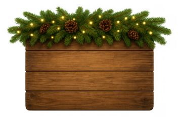 Christmas wooden sign with festive pine garland, glowing string lights, rustic texture, and blank space for holiday message, transparent background