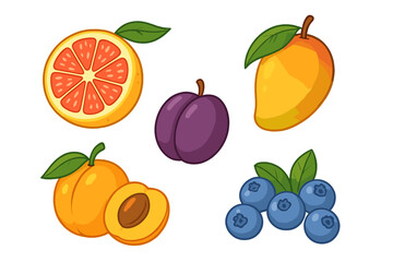 Colorful assortment of ripe tropical and garden fruits including mango, plum, and grapefruit