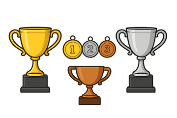 Set of gold, silver, and bronze trophies and medals for first, second, and third place awards