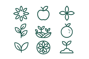 Minimalist outline symbols for organic food, natural growth, farming, ecology, and healthy living