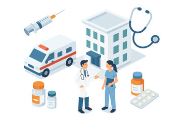 Isometric healthcare services scene with hospital building, medical staff, ambulance, and supplies © icon_art