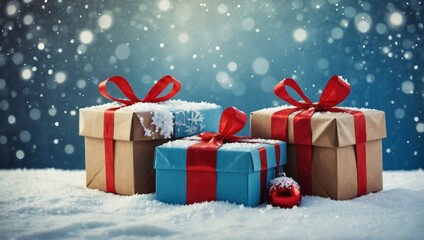 Christmas gifts in snowy winter landscape. Colorful present boxes with ribbons in falling snow. Holiday presents on snow with blurred forest background.