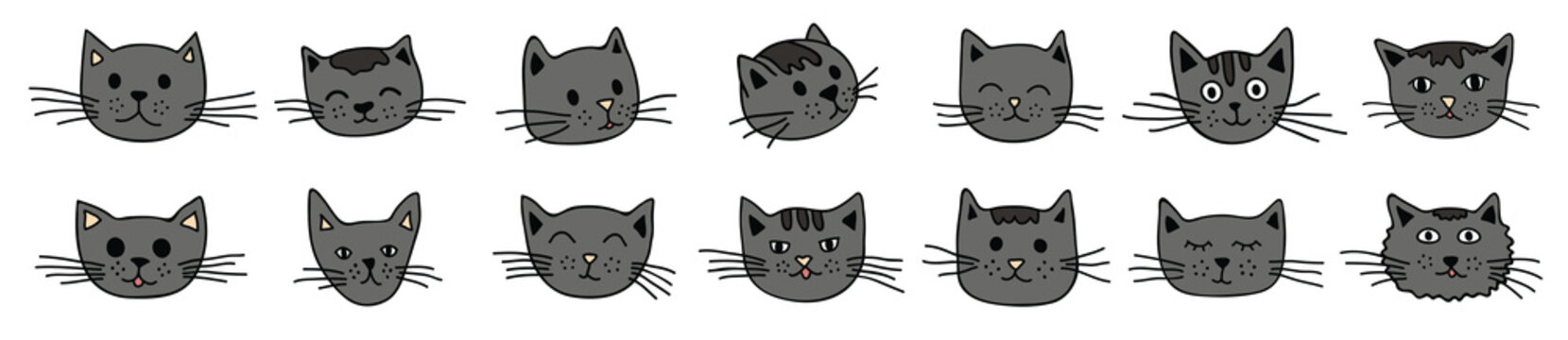 Hand drawn cat muzzle clipart. Cute pet face doodle set