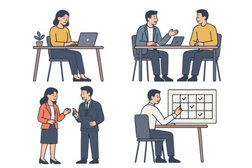 Professional business people working, collaborating, and planning tasks in various settings