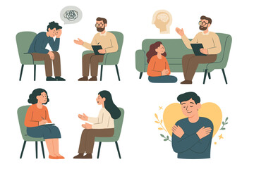 Diverse people seeking mental health therapy sessions, counseling, and practicing self-care concepts