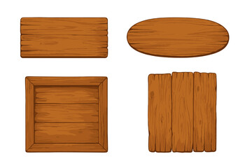 Cartoon wooden panels and signs with various shapes and wood grain texture