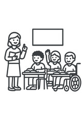Teacher instructing diverse students in a classroom including a student using a wheelchair
