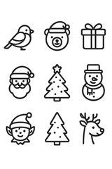 Minimalist black and white line symbols collection featuring various Christmas and winter holiday themes