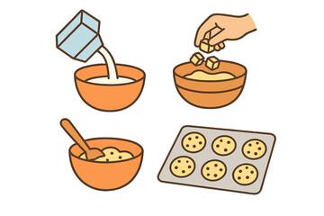 Sequence of preparing homemade cookies pouring milk adding butter mixing dough and arranging on tray