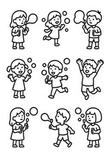 Cute cartoon children playing with soap bubbles in various poses and actions