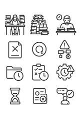 Outline symbols representing time management, work stress, heavy workload, deadlines, and task status