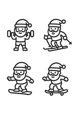 Santa Claus character performing winter sports and gym fitness activities