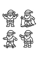 Active Santa Claus characters exercising, skiing, lifting weights, and skateboarding
