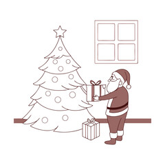 Santa claus standing next to a decorated christmas tree holding a gift in a festive scene