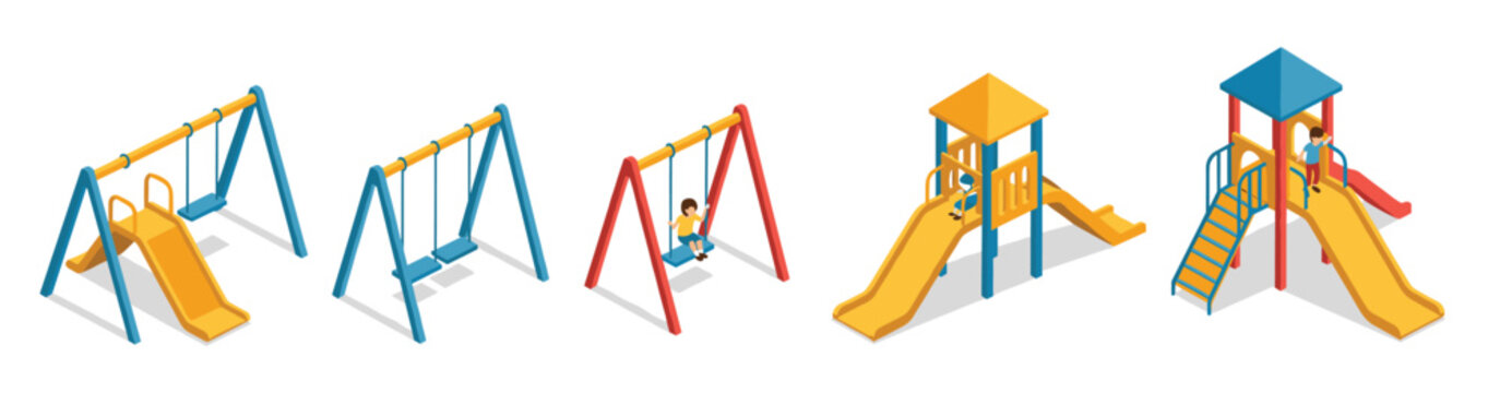 colorful isometric playground with swings and slides