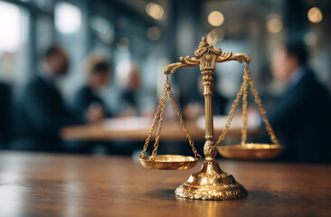 Ornate polished golden justice scales with intricate detailing on a wooden table in a professional office setting with blurred business people in the background