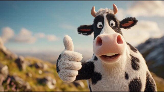 Cow cartoon video of a cheerful black and white cow giving a thumbs up in a green mountainous landscape with a blue sky and white clouds, looking suitable for children.