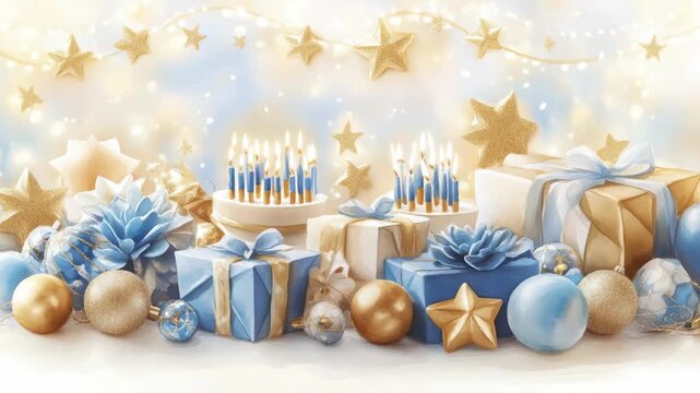 Present stacked under a string of star lights.