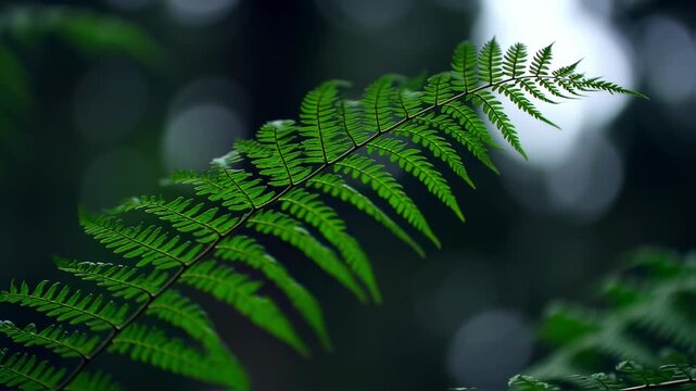 A close-up of a fern frond, with intricate details and a blurred dark background