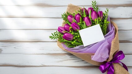 Vibrant bouquet of deep purple tulips wrapped in burlap and sheer lavender paper rests on a rustic white wooden background with space for text