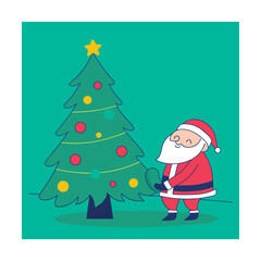 A cartoon illustration of santa claus standing next to a decorated christmas tree on a green background with a star on top and colorful ornaments