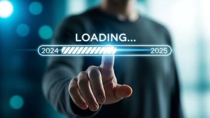 Businessman initiates the digital transition from the year 2024 to 2025 using a futuristic loading progress bar interface