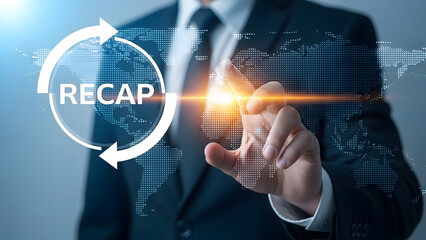 Business professional interacting with digital recap interface and data visualization