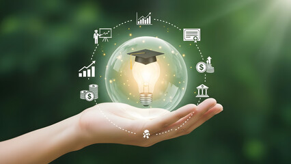Hand holding glowing lightbulb with digital icons representing innovation and growth