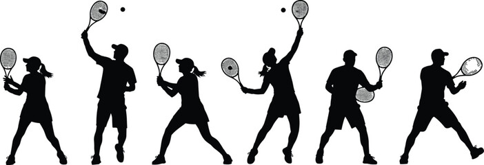 Collection of six dynamic tennis player vector silhouettes, displaying various action poses, overhead serves, and forehand swings, ideal for sports, fitness, and athletic promotion graphics.