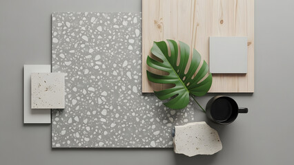 Interior design mood board featuring textures plants and neutral color palette