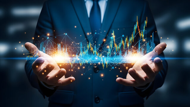 Man holding futuristic cityscape data visualization in palms of hands - Powered by Adobe