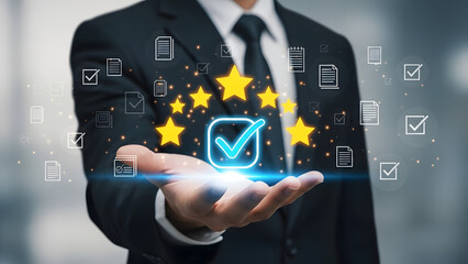 Business professional presenting digital success icons and a checkmark symbol