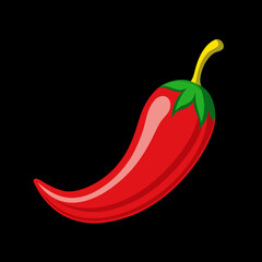 A vivid red chili pepper illustrated in a vector style with a green base and yellow stem against a black background