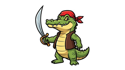 Cartoon Pirate Crocodile Holding a Sword, Wearing a Bandana and Vest