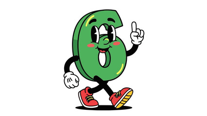 Obraz premium Happy Green Number 6 Cartoon Character Walking and Pointing Finger Up
