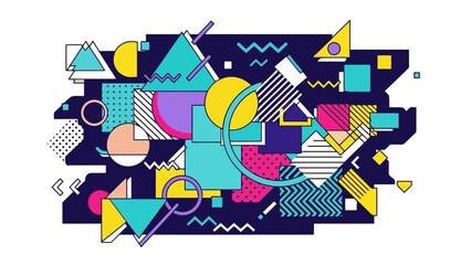 Vibrant Geometric Shapes in Memphis Style, Abstract Retro Background Design