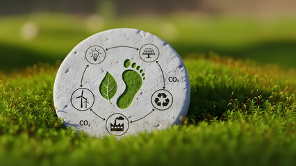 Footprints shaped as leaves on a stone in lush green grass