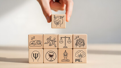 Hand placing wooden block with scales of justice on stack of blocks